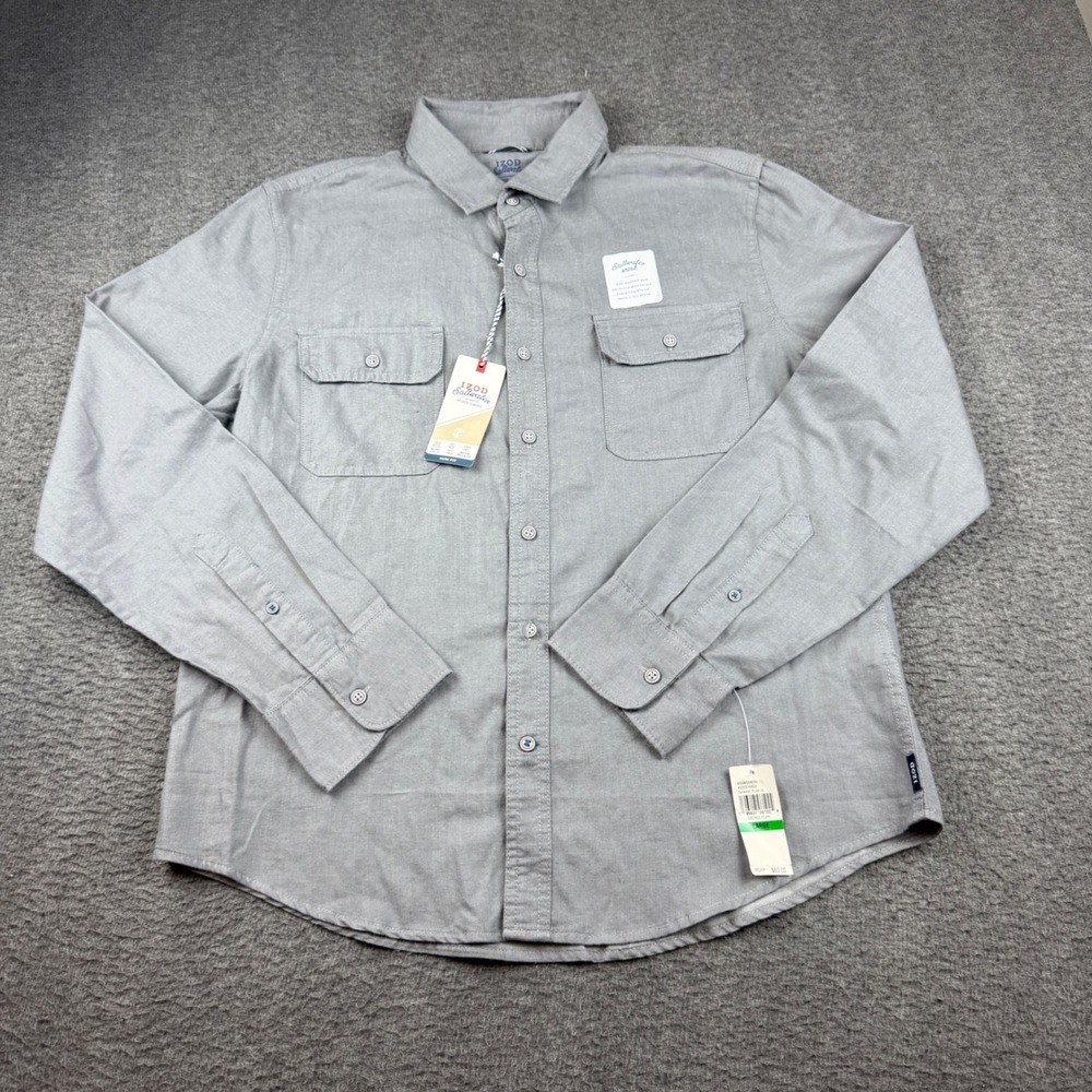 IZOD Button Down Shirt Men's Large Grey Saltwater Slim Smoked Pearl 45GW559030